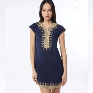 Calypso St Barth Navy Silk Metallic Embroidered Accent Shift Dress Size M